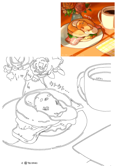 Cute kawaii art of a dog sleeping on a delicious breakfast sandwich with bacon and egg, served with coffee and roses in a warm setting.