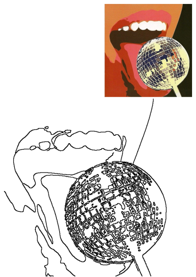 Vibrant pop art painting featuring a woman's open mouth with pink lips and white teeth holding a sparkling disco ball.