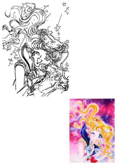 Sailor Moon, a blonde hair, blue eyes anime girl, winks with a 'shhh' gesture. Features outline and a vibrant colored illustration.