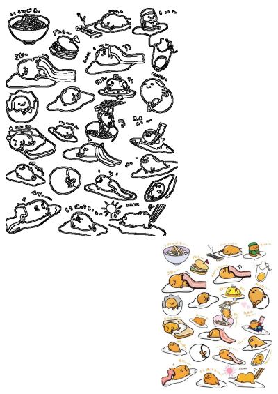 Gudetama food sticker sheet featuring the lazy egg character in various relaxed poses with bacon, ramen, toast, and burgers.