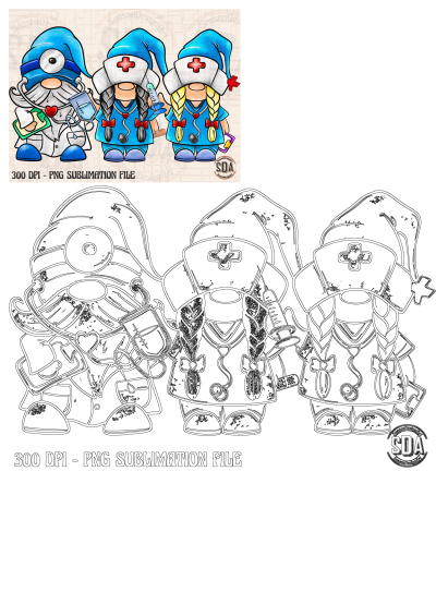 Cute cartoon doctor gnome and nurse gnomes in scrubs and hats with medical tools. PNG sublimation file for crafts.