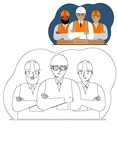 A team of diverse construction workers/engineers in hard hats and safety vests, standing with arms crossed, shown in both color and line art.