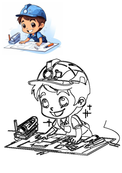 A cute cartoon architect boy wearing a blue helmet, happily drawing architectural blueprints with a pencil and sharpener.