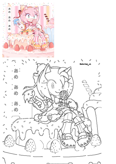Adorable Amy Rose from Sonic sitting on a sprinkle-covered cake with strawberries, holding a lollipop and mini Sonic, surrounded by sweet treats.