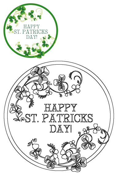 Happy St. Patrick's Day shamrock greeting card with vibrant green clovers, presented with a matching outline design.