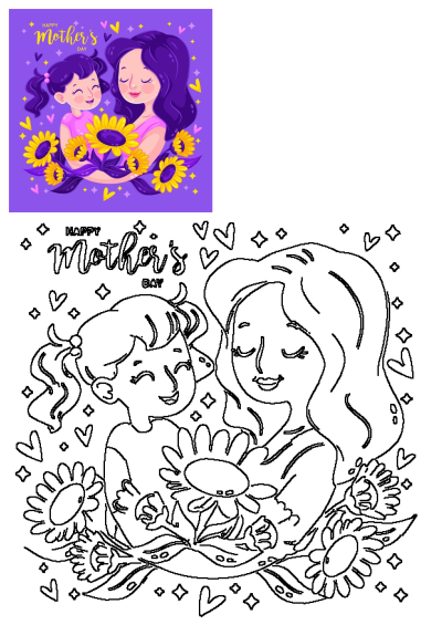 Vibrant Mother's Day card showing a mom and daughter with sunflowers on purple, accompanied by a black and white coloring page.