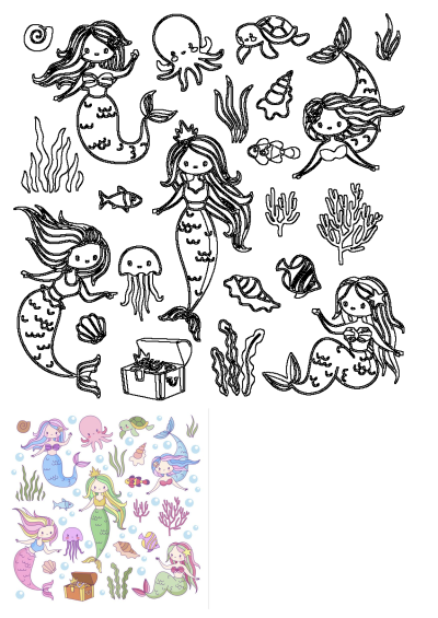 Cute cartoon mermaids playing happily under the sea with adorable octopus, turtle, fish, and jellyfish amidst coral, shells, and a treasure chest.