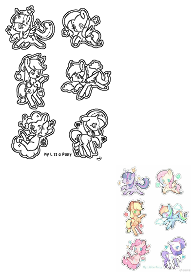 My Little Pony Colorful Stickers. Six popular characters are featured as vibrant stickers and their matching outline drawings.