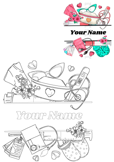 A personalized nurse name tag illustration showcasing vibrant hearts, pink flowers, scrubs, stethoscope, and other medical accessories.