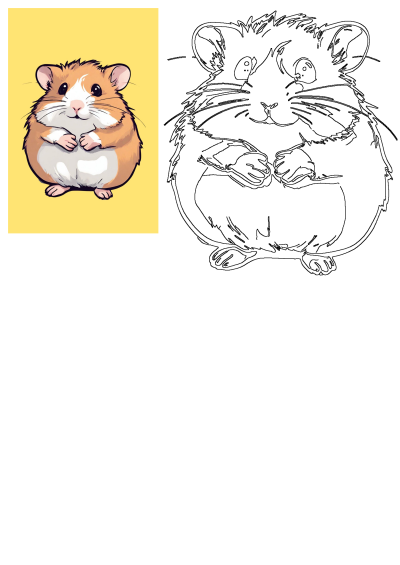 Cute cartoon hamster with brown and white fur isolated on a yellow background, presented alongside a black and white outline drawing.