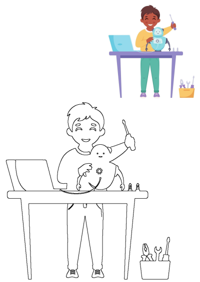 A smiling boy builds a robot with a screwdriver at a desk, a laptop open nearby. Features both a colored and coloring page outline.