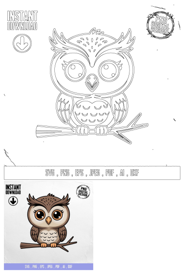 Cute cartoon owl digital design for instant download. Features a friendly owl with big eyes sitting on a branch, available in both outline and color.