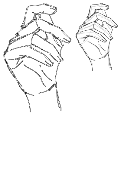 Line art sketch for hand drawing practice, illustrating human anatomy, fingers, and a gesture with visible construction lines.