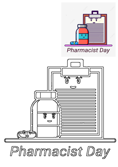 Pharmacist Day cute cartoon medicine bottle, pill, and prescription clipboard. Includes vibrant colored illustration and outline drawing for coloring.