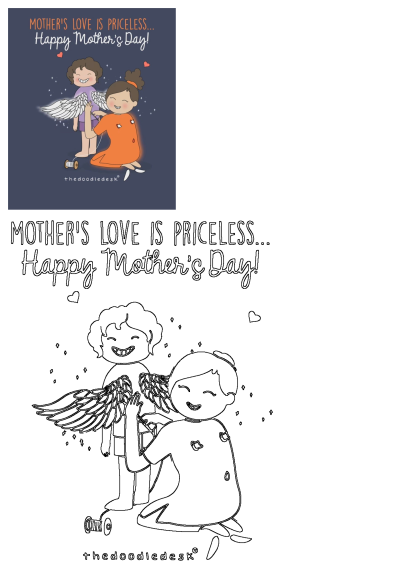 A mother sews glowing angel wings onto her child in this Happy Mother's Day illustration, celebrating priceless love.