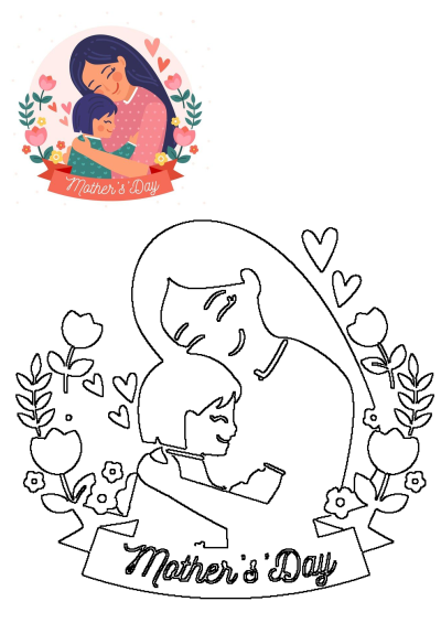 A heartwarming Mother's Day illustration of a mother hugging her child amidst flowers, with a black and white outline version for coloring.