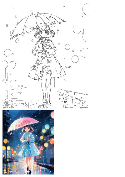 Anime girl in a blue floral dress holding a pink umbrella, walking in the rain at night with glowing streetlights.