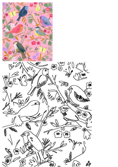 A vibrant whimsical illustration featuring colorful birds, butterflies, and blooming flowers on tree branches against a soft pink background.