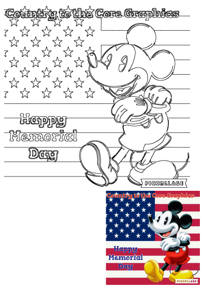 Black and white outline of Mickey Mouse smiling, set against an American flag with stars and stripes, and 'Happy Memorial Day' text.