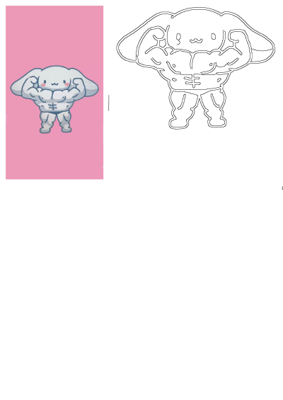 Buff Cinnamoroll cartoon character flexing muscles with a cute expression on a vibrant pink background, alongside its line art version.