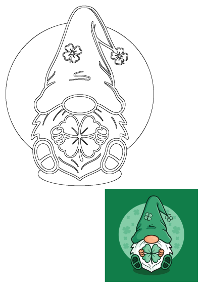 St. Patrick's Day gnome illustration with clovers on its hat, holding a lucky shamrock. A festive design for St Patrick's Day.