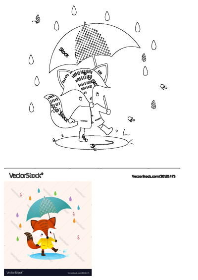 Cute cartoon fox with an umbrella, wearing a yellow raincoat and boots, splashing playfully in a puddle during rain.
