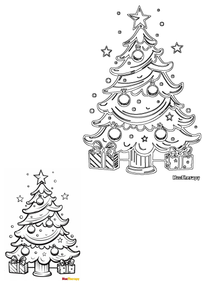 Two black and white outlines of festive Christmas trees adorned with ornaments, stars, and gifts, perfect for holiday crafts.