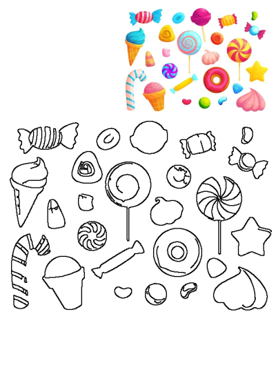 Vibrant colorful candy lollipops and sweet treats assortment on a white background, with corresponding black and white outlines.