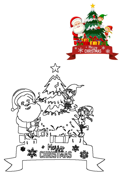 Festive Christmas scene with Santa Claus, elves, and a decorated tree with gifts. Includes a detailed outline version.