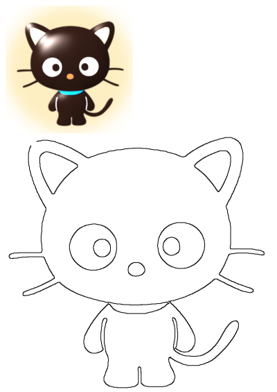 A cute cartoon black cat with big eyes and a blue collar, shown as a glossy 3D figure and a black outline drawing.