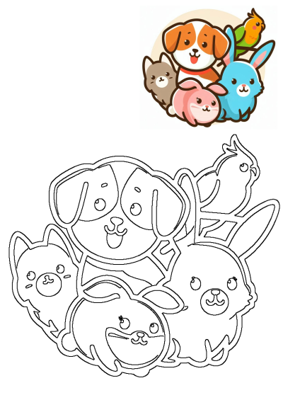 Vibrant cartoon clipart of a dog, cat, bird, and bunnies, alongside their black and white outline version for versatile use.