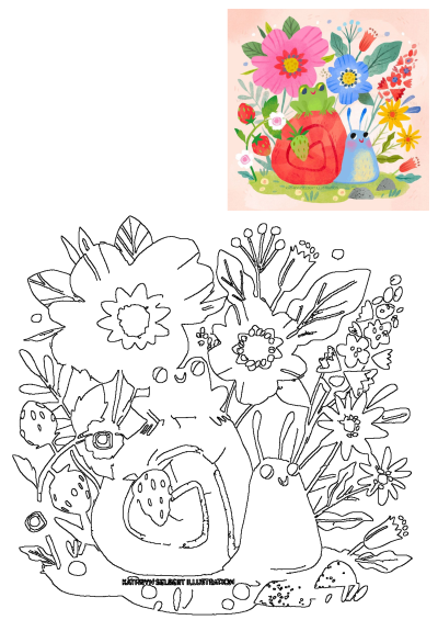 Whimsical illustration of a green frog on a red snail, a blue slug, vibrant flowers, and strawberries, with its line art.