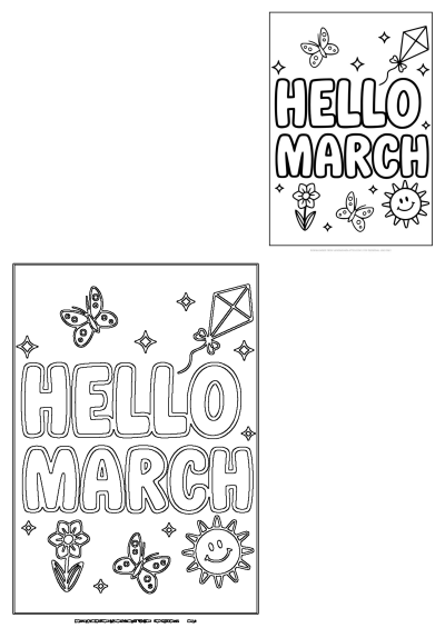 A cheerful 'Hello March' image featuring outlines of butterflies, spring flowers, flying kites, and a smiling sun.