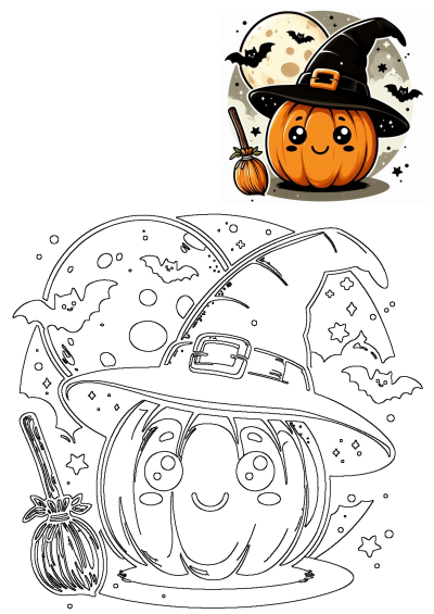 A cute Halloween pumpkin dressed as a witch with a black hat, smiling face, small broom, flying bats, and a full moon.