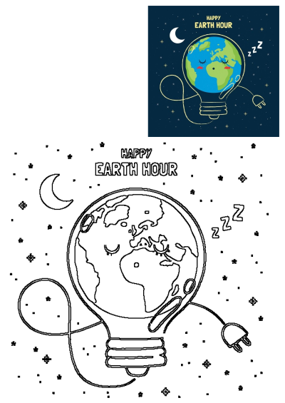 Cute sleeping Earth globe as an unplugged lightbulb under a starry night sky with a moon, 'Happy Earth Hour' text, symbolizing energy saving.