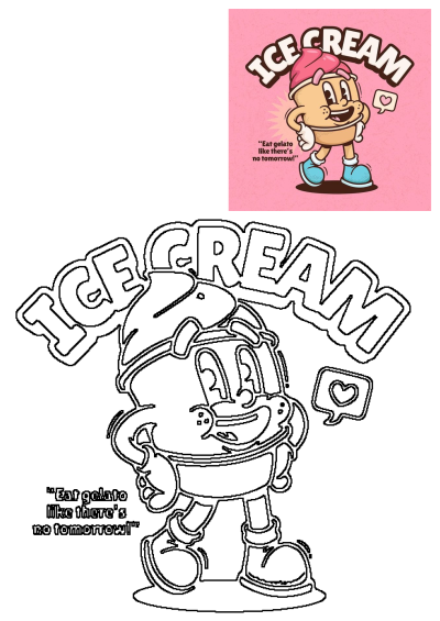 Cheerful retro cartoon ice cream gelato character on a pink background, with an outline version for coloring, text, and a quote.