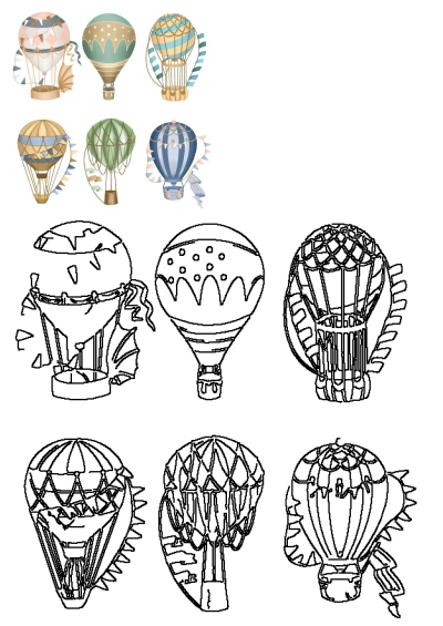 Colorful ornamental hot air balloons in vintage style with intricate patterns, presented alongside matching black and white line art outlines.