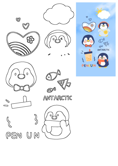 Adorable penguin stickers on a bright blue sky background, featuring diverse penguins with accessories, rainbows, hearts, and clouds.