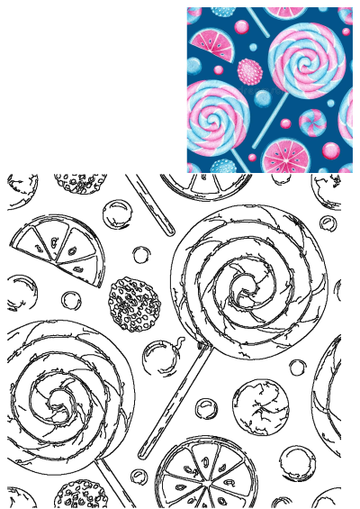 Vibrant watercolor illustration of pink and blue swirl lollipops, round candies, and fruit slices on a dark blue background.