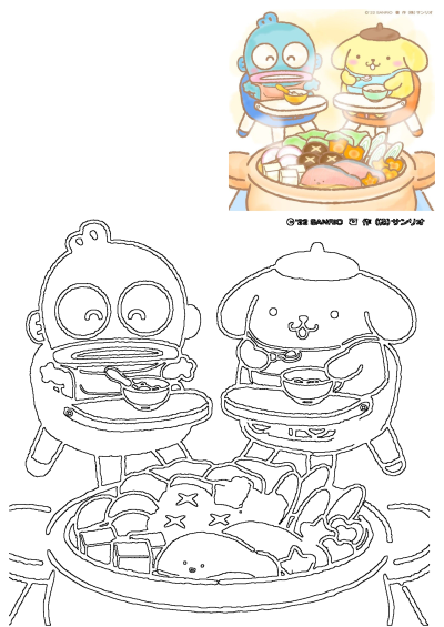 Hangyodon and Pompompurin, popular Sanrio characters, happily eat steaming hot pot food while seated in their highchairs.