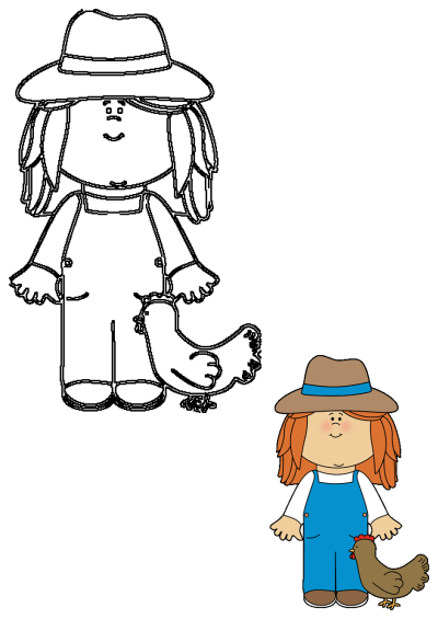 Cheerful cartoon girl in a hat and blue overalls standing beside a brown chicken. Features both a black outline drawing and a colored clip art.