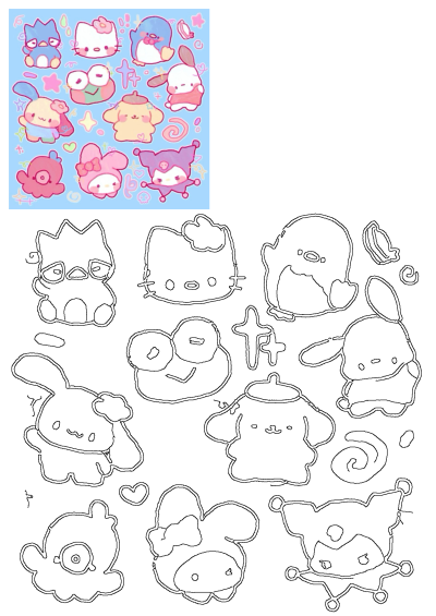 Cute pastel Sanrio character stickers with Hello Kitty, Kuromi, and friends, plus black outlines for tracing or crafting.
