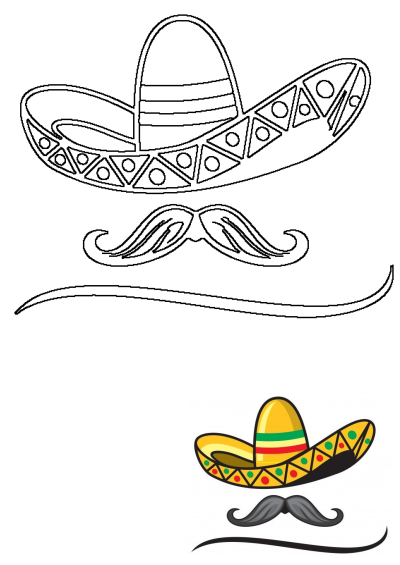 An outline and colored cartoon illustration of a sombrero and a mustache, representing Mexican culture and celebration.