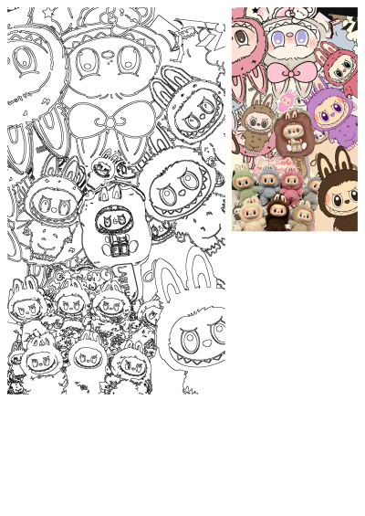 A vibrant collage of Labubu character art, featuring colorful illustrations, plush toys, and detailed outline drawings.