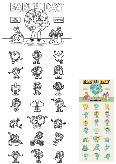 Vibrant Earth Day poster illustration set featuring over 70 cute cartoon characters like Earth, sun, and star in various eco-friendly activities.