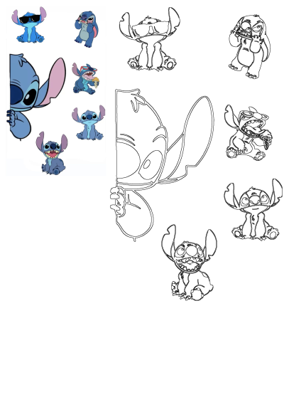 A collage of Stitch featuring multiple expressions and poses, with both full-color illustrations and black outline art.