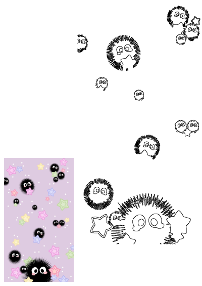 Cute soot sprites with large white eyes float among pastel pink, yellow, blue, and green stars on a soft purple background.