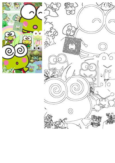 A vibrant Kerropi Sanrio character collage, featuring the cheerful green frog in colorful designs on the left and a matching outline version on the right.