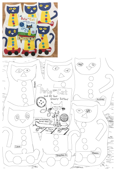 Pete the Cat Groovy Buttons construction paper crafts and activity outlines, displayed with the book. Perfect for kids.