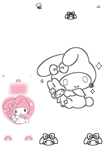 Cute My Melody pink character wallpaper with her holding a plush toy. Features a charming pink heart background, sparkles, and a large outline drawing.